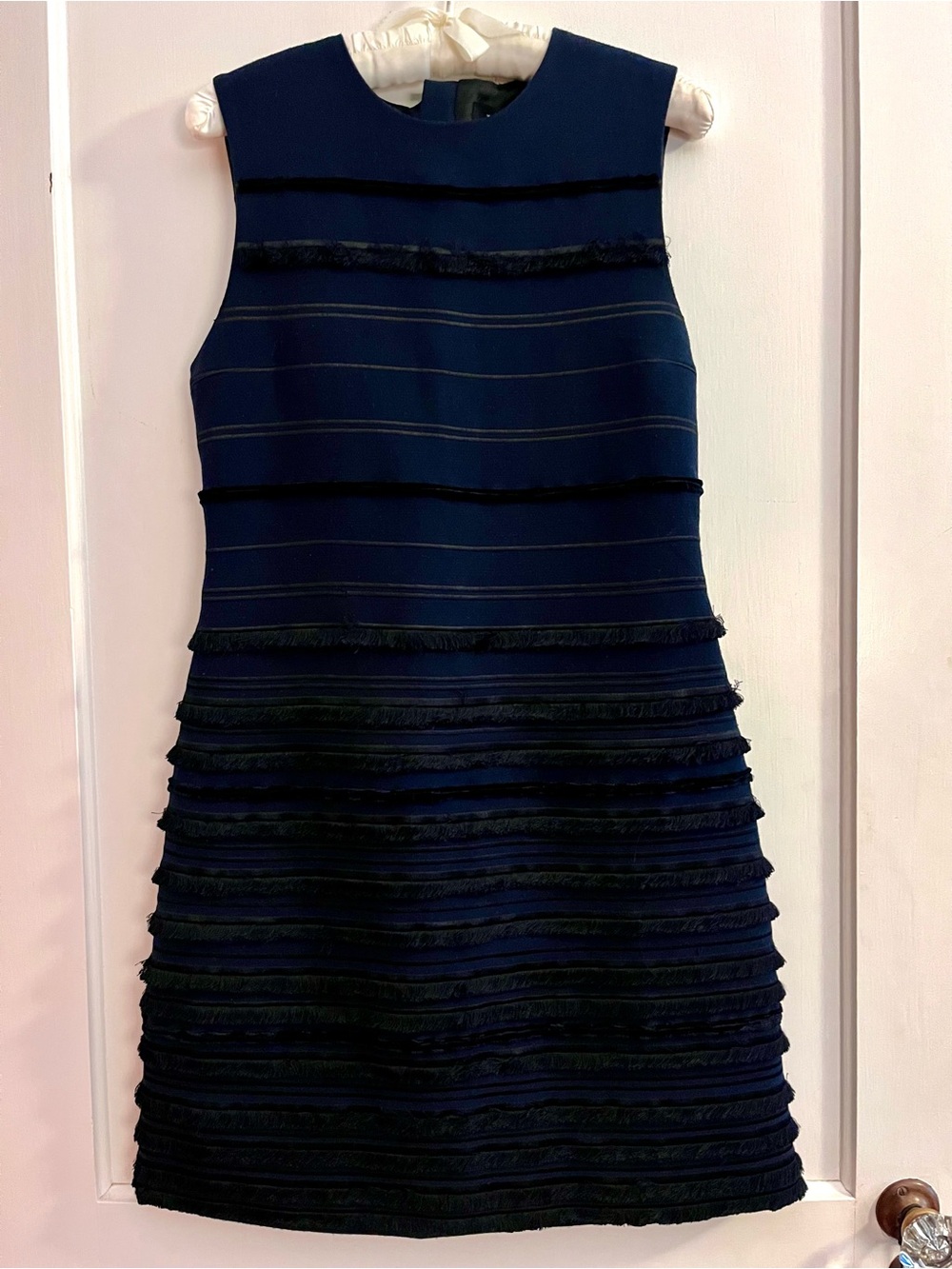 Marc by Marc Jacobs Blue Textured Sleeveless Shift Dress w/ Black Fringe Stripes